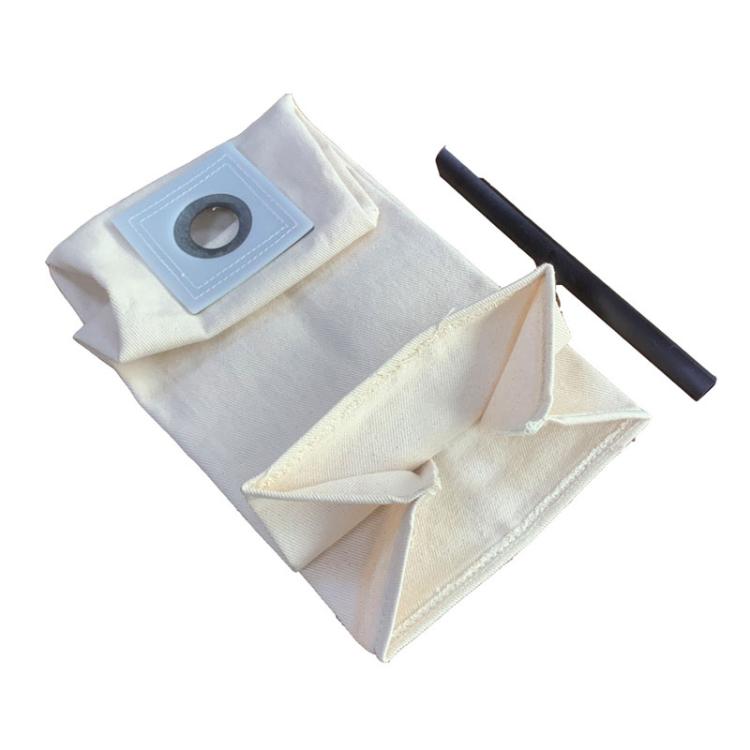 Reusable canvas vacuum filter bag, folded, with blue square pocket and gasket hole