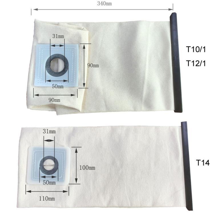 Canvas vacuum filter bag with blue pocket; labeled dimensions for Karcher T10/T12/T14