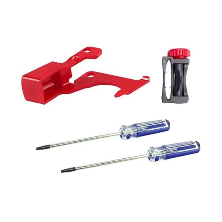 Vacuum cleaner main switch repair parts kit with red bracket, blue screwdriver tools, and housing
