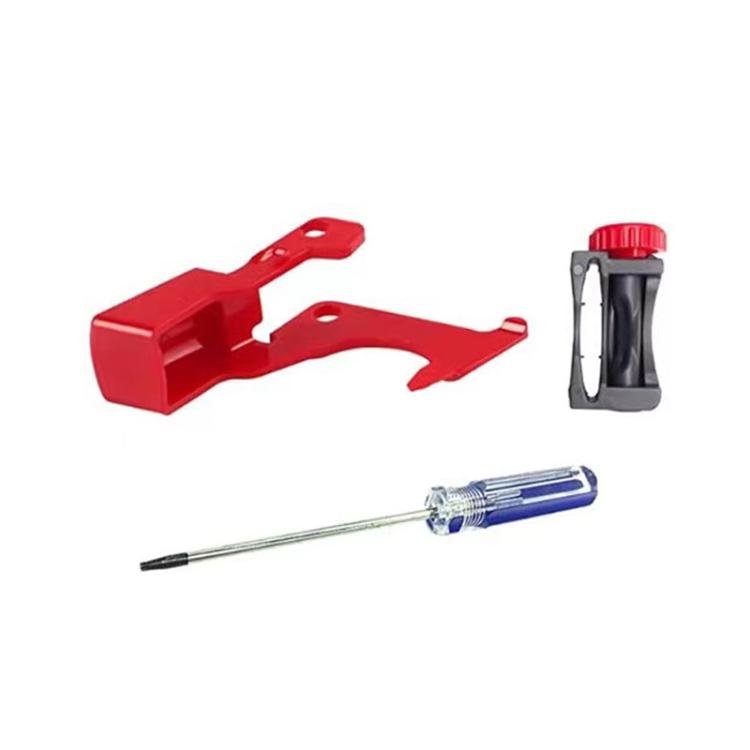 Vacuum cleaner main switch repair parts kit with red bracket, black base, and blue screwdriver tool
