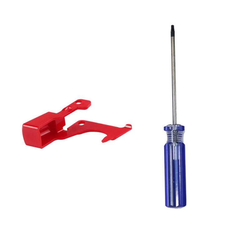 Vacuum cleaner main switch repair red bracket with long blue-handled screwdriver tool