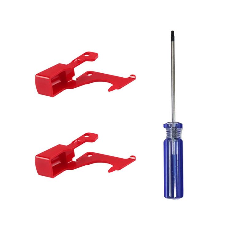 Vacuum cleaner main switch repair parts: two red brackets and a blue screwdriver tool