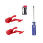 Vacuum cleaner main switch repair parts with two red brackets and one blue screwdriver tool