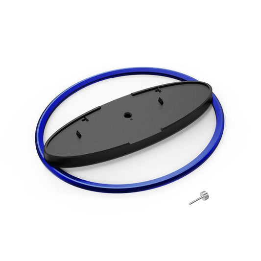 Vertical PS5 console stand base with blue ring, non-slip pad, and screws