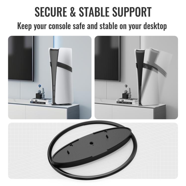 Vertical PS5 console stand with base, designed for secure stable desktop support