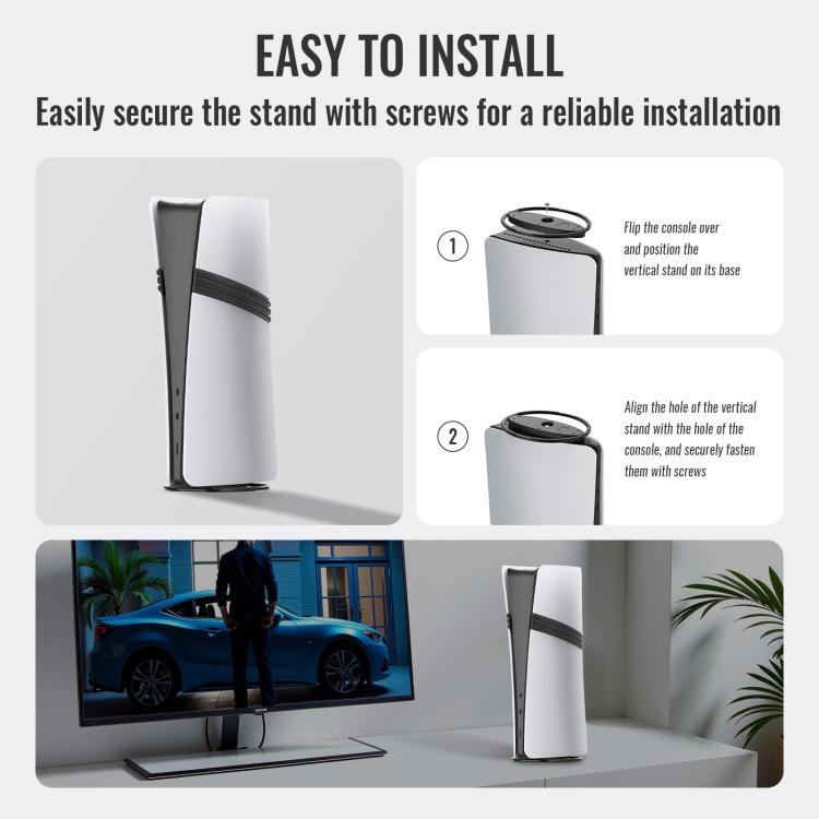 Easy-install PS5 vertical stand with screws and mounting plate steps