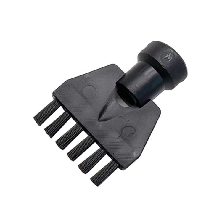 Small flat steam brush attachment with black bristles and narrow nozzle head