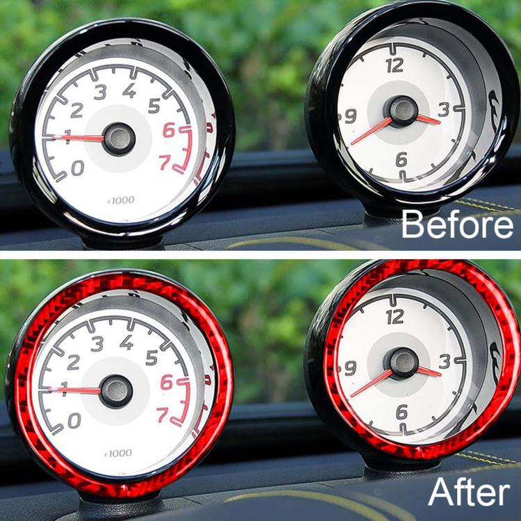 Two dashboard gauge bezels with red ring stickers around white dials
