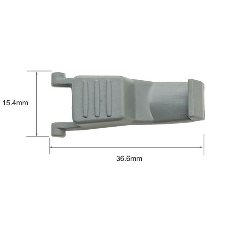 Extension rod clip, light gray plastic; approx 36.6 x 15.4 mm dimensions