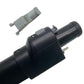 Extension rod clip attached on vacuum tube; light gray latch over black handle