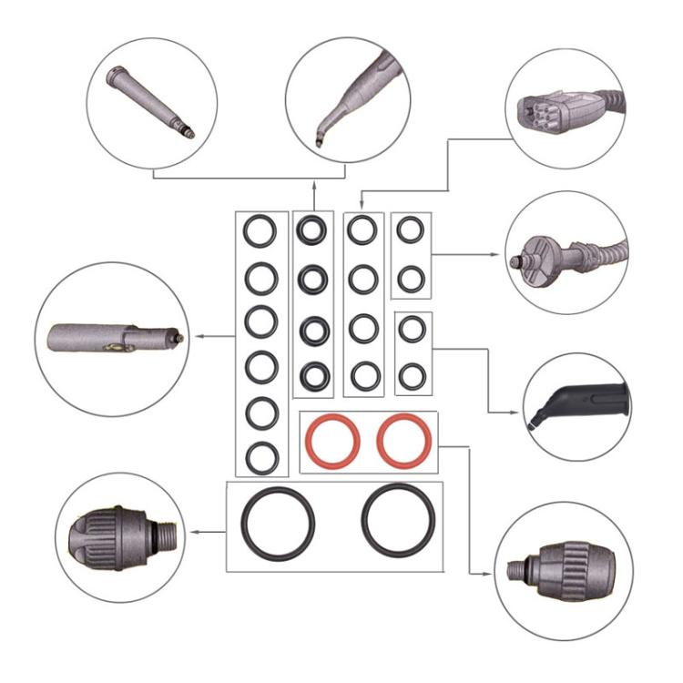 Sealing ring set shown with installation guide diagram and assorted O-ring sizes