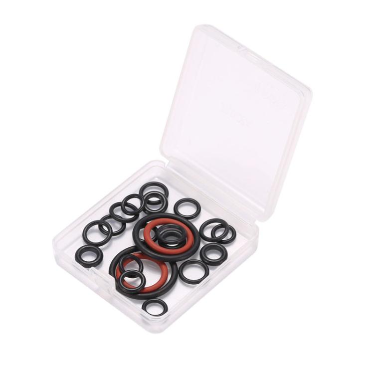 Sealing ring set in a clear plastic case with black and red O-shaped rings