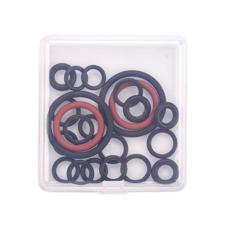 Sealing ring set in clear storage box with mixed black and red O-rings