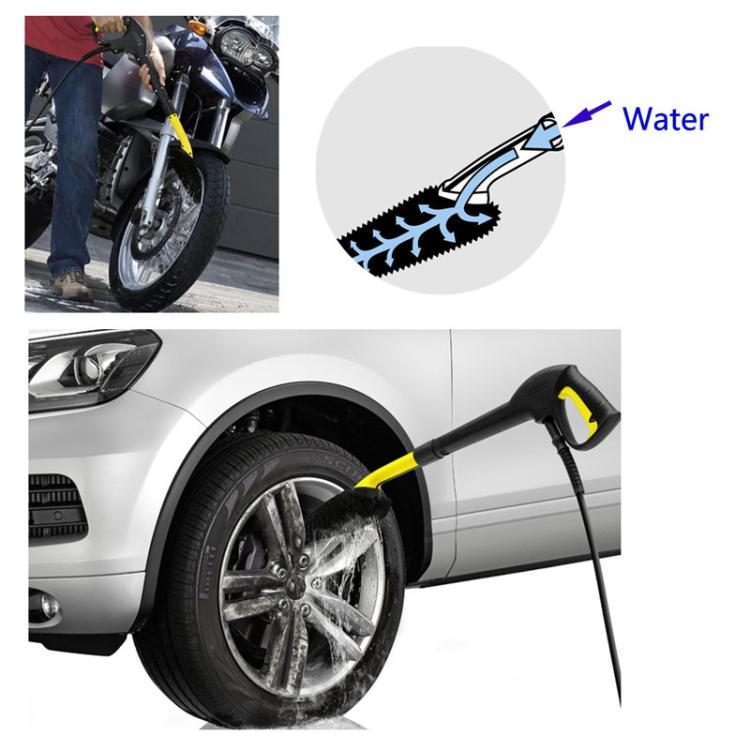 High-pressure wheel rim washing brush with hose spraying near a car tire