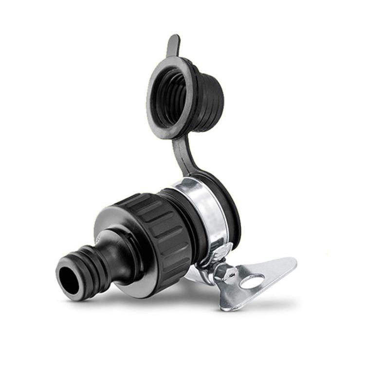 Universal faucet adaptor connector with black hose end and stainless steel mounting clip