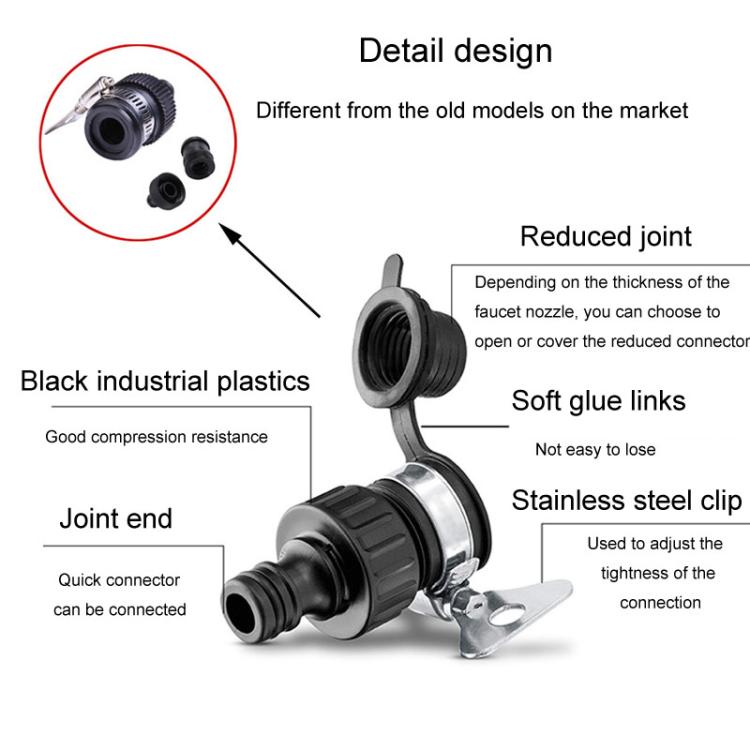 Faucet adaptor connector close-up with black plastic body and stainless steel clip
