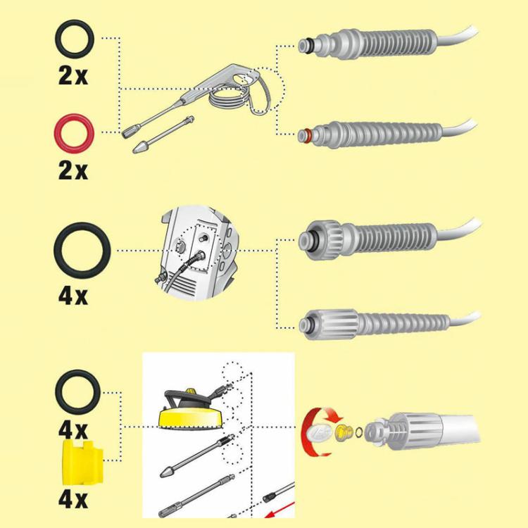 Set of 16 pressure washer sealing rings, black and yellow O-rings shown in layout