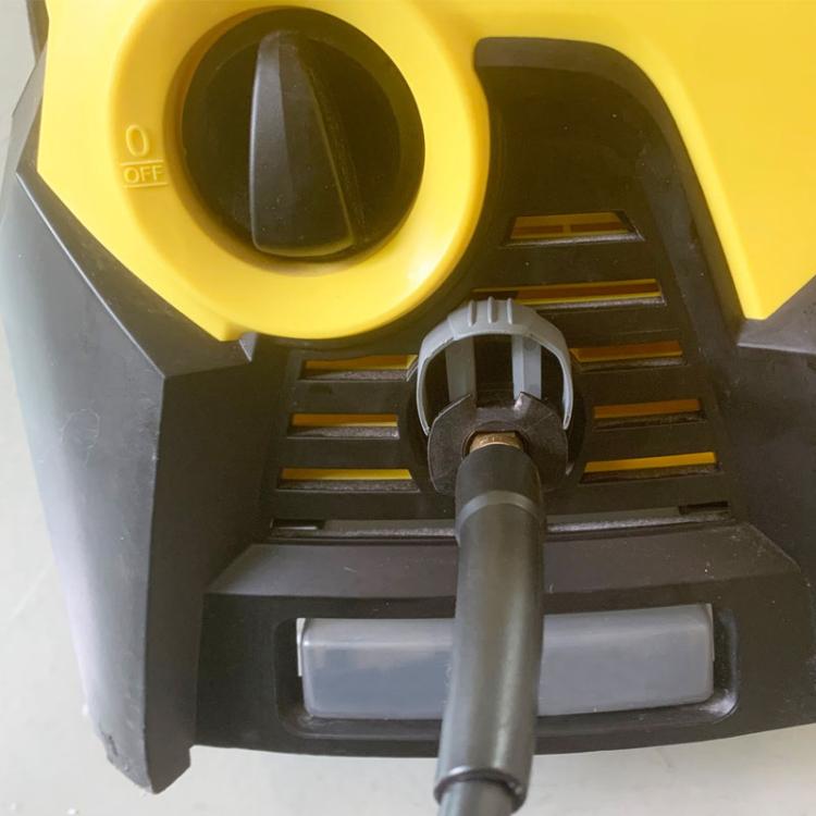 Pressure washer nozzle area with installed yellow sealing ring in the connection