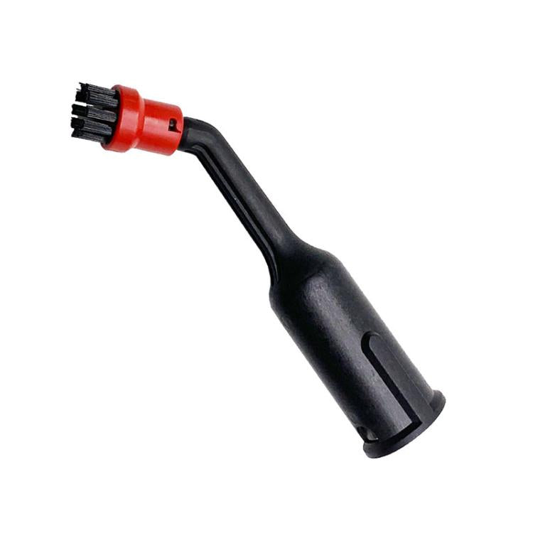 Steam cleaner crevice brush nozzle with red collar, black bristles, dark handle