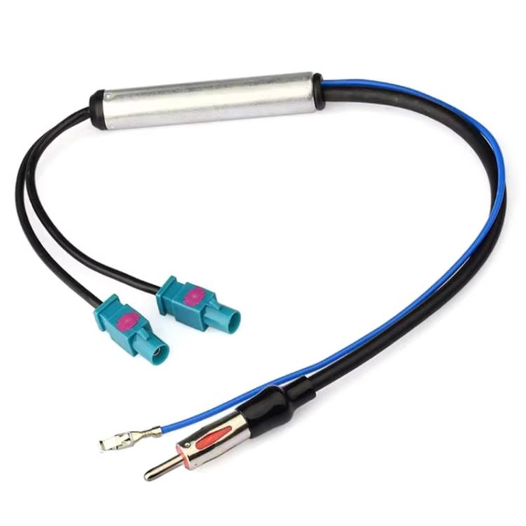 FM antenna signal booster cable with inline amplifier, blue wire and teal connectors