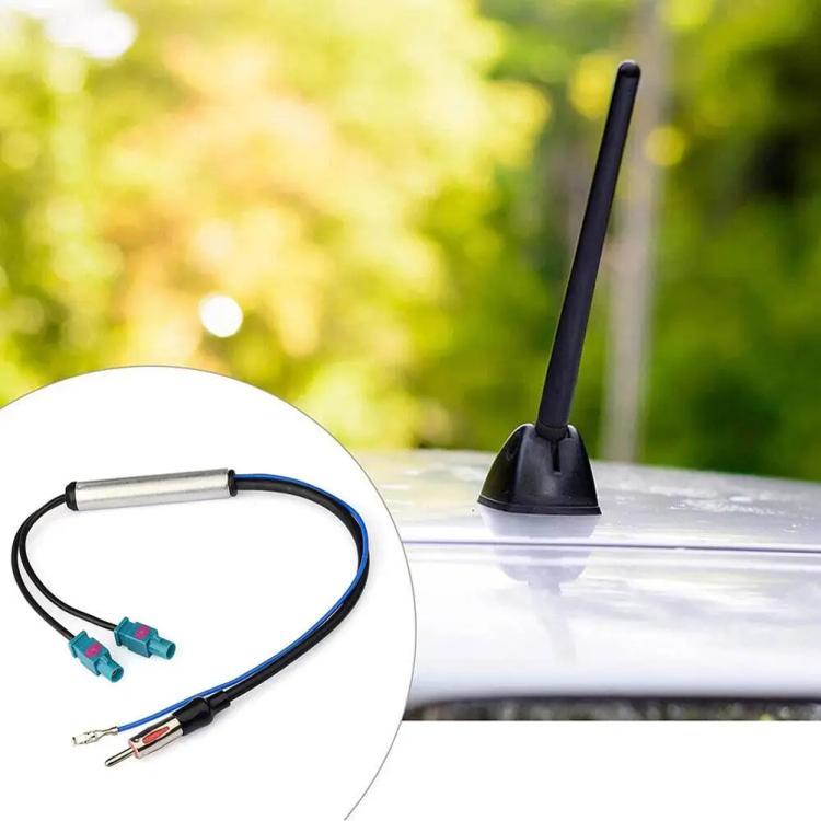 FM antenna booster cable with base antenna on car roof, black antenna, blue wire