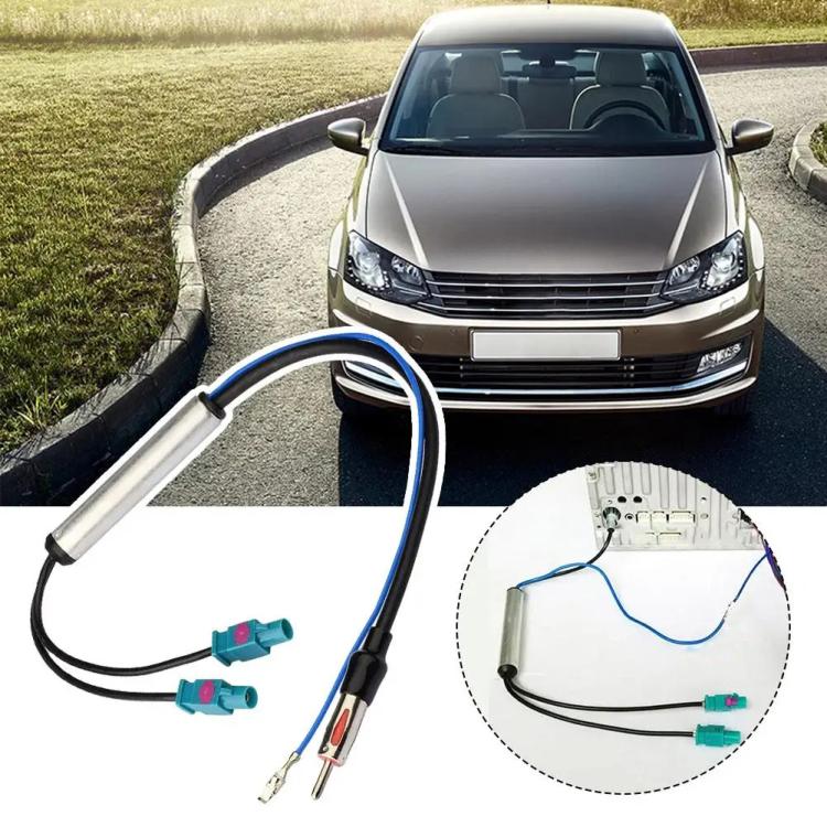 FM antenna signal booster with coiled antenna lead and wiring harness for car radio