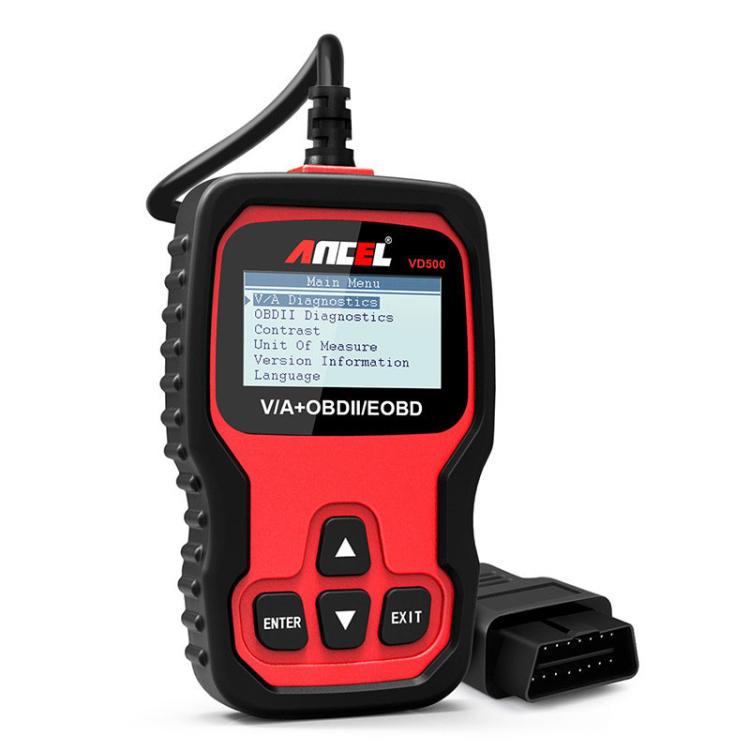 Ancel handheld OBD2 diagnostic scan tool with red screen, buttons, and OBD plug