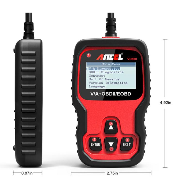 Red and black handheld OBD2 diagnostic scan tool with front controls and side profile
