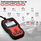 Handheld red OBD2 diagnostic scan tool with display and navigation buttons