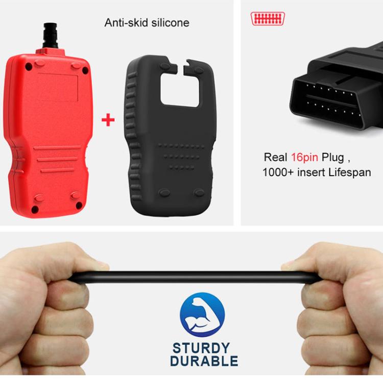 OBD2 diagnostic scan tool with red body and black case, showing a 16-pin connector