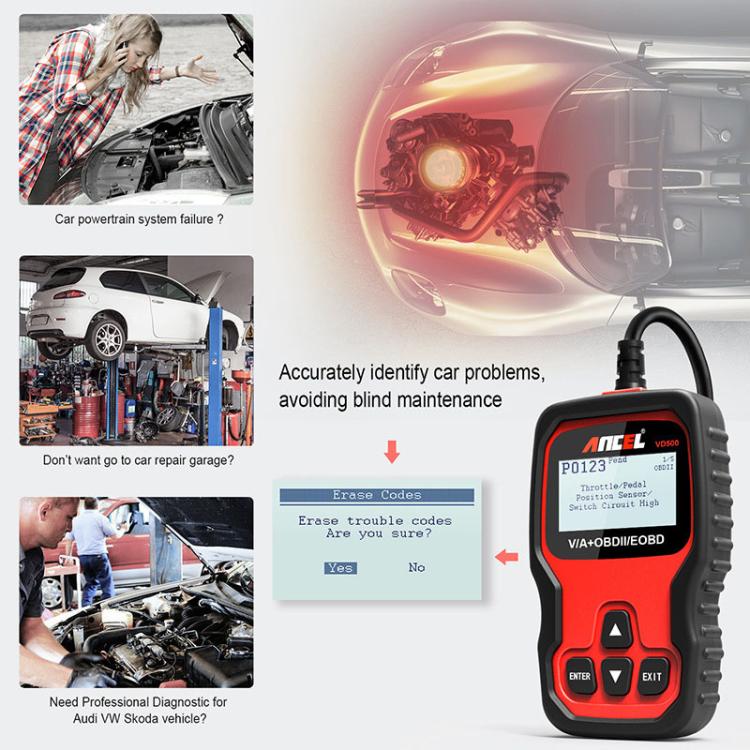Red handheld OBD2 diagnostic scan tool with lit screen and Enter/Exit buttons