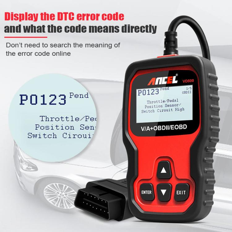 Handheld OBD2 diagnostic scan tool with screen showing a diagnostic trouble code