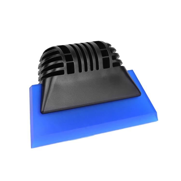 Car window tint scraper tool with black rubber blade and blue backing pad