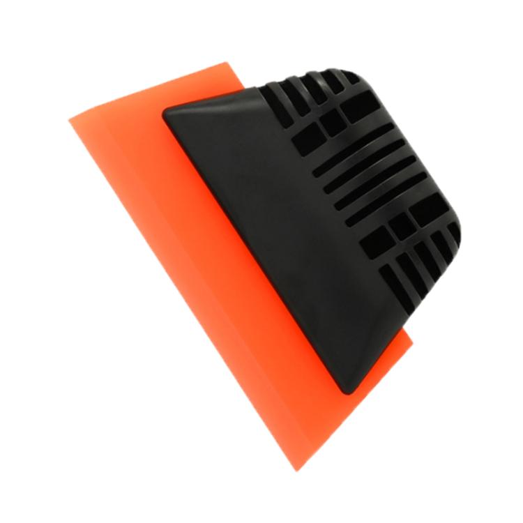 Car window tint scraper tool with black rubber blade and orange backing pad