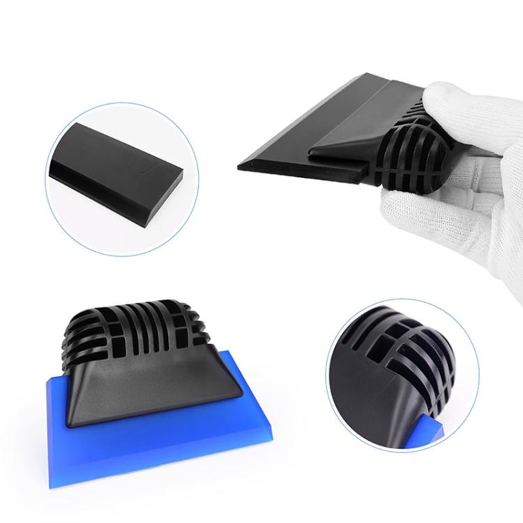 Tint scraper tool with black blade on blue backing pad, glove grip and close-up