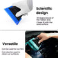 Window tint scraper tool with black blade and blue/teal pads, glove usage