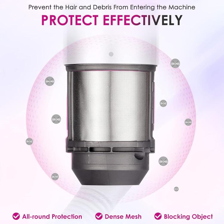 Inner filter mesh screen for hair styler, cylindrical black housing and silver mesh