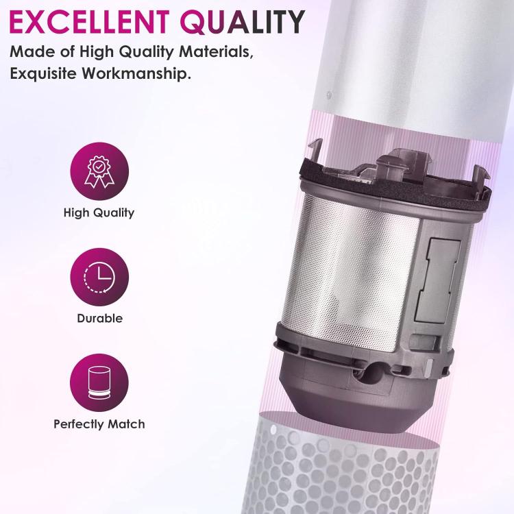 Hair styler inner filter with black frame and silver mesh cylinder, side view