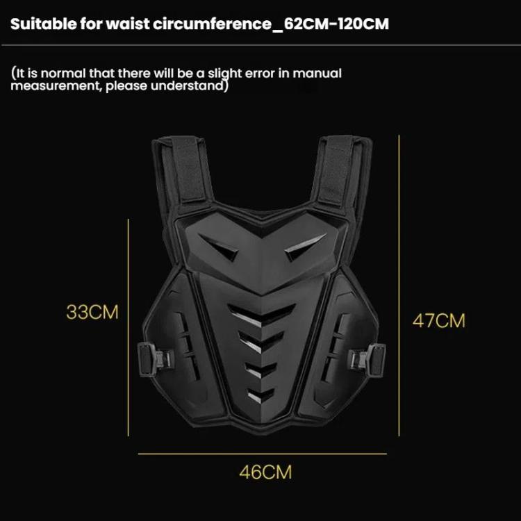 Black motocross armor vest shown with measurement diagram for fit