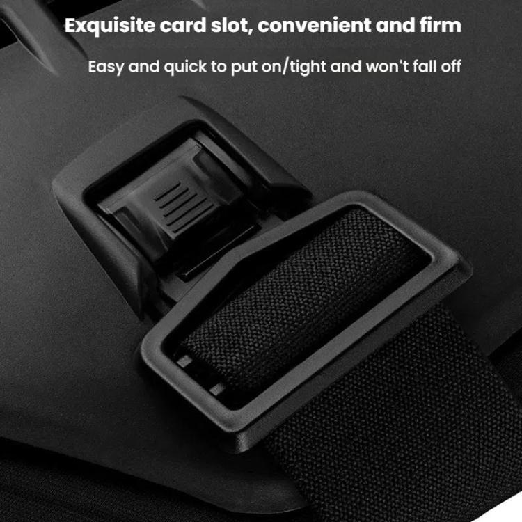 Close-up of black card-slot and strap holder on motocross armor vest
