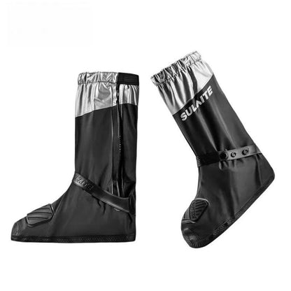 Waterproof motorcycle shoe covers with silver side panels, elastic cuffs, anti-slip soles