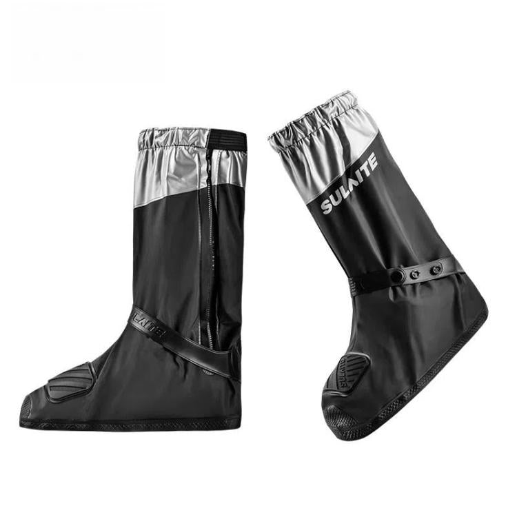 Waterproof motorcycle shoe covers with silver upper band, SULAITE logo, anti-slip tread