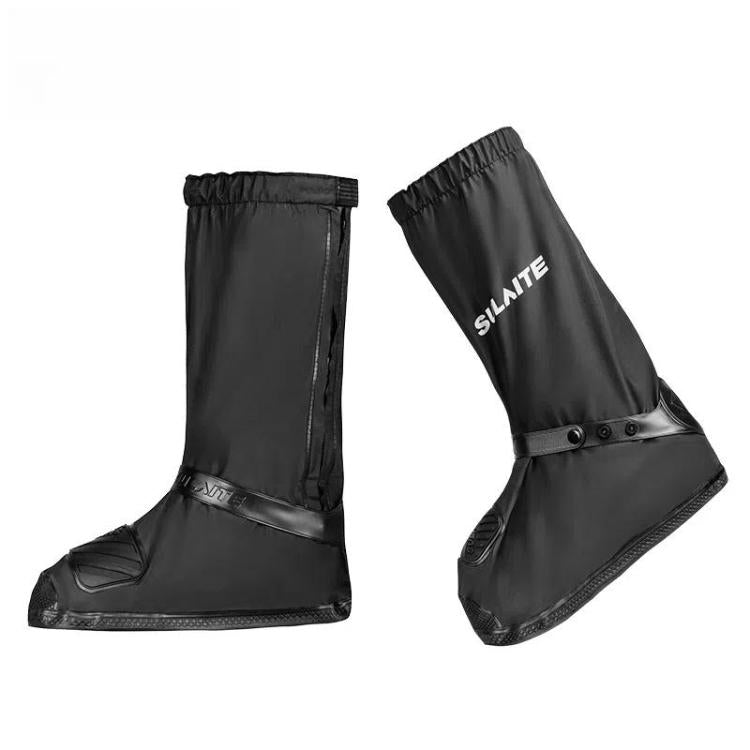 Black waterproof motorcycle shoe covers with elastic cuffs and stitched toe guard