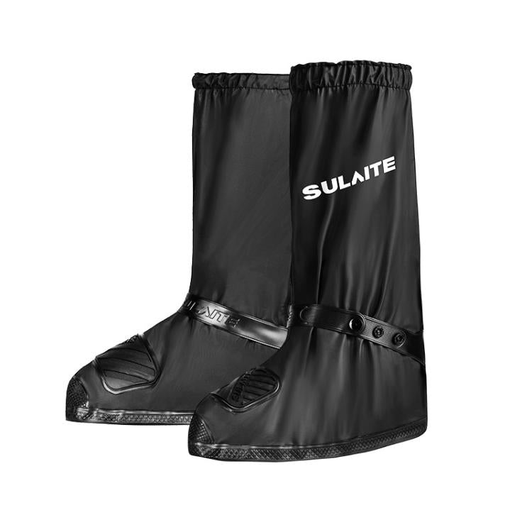 Black waterproof motorcycle shoe covers with SULAITE logo and anti-slip sole