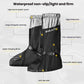 Waterproof motorcycle shoe covers diagram showing PVC fabric, anti-slip sole, adjustable strap
