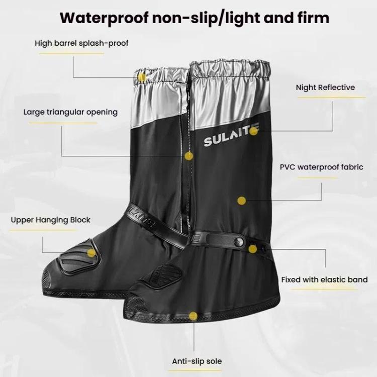 Waterproof motorcycle shoe covers diagram showing PVC fabric, anti-slip sole, adjustable strap