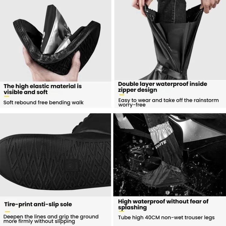 Black motorcycle rain shoe covers with zip closure and anti-slip tread sole