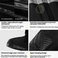 Black waterproof shoe covers detail: PVC fabric, adhesive seams, grippy tread sole