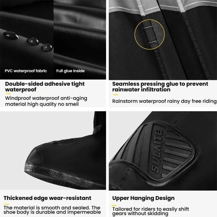 Black waterproof shoe covers detail: PVC fabric, adhesive seams, grippy tread sole