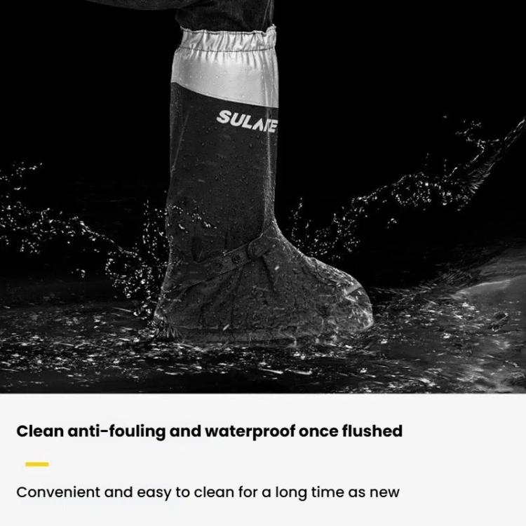 Black waterproof rain shoe cover with SULAITE logo and elastic cuff at top